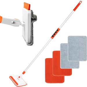 Qaestfy Wall & Baseboard Cleaner Mop Tool with 49'' Long Handle for Cleaning Window Floor Skirting Board Ceiling Bathtub Tub Tile Scrubber Brush Duster with 4 Reusable Pads (orange)