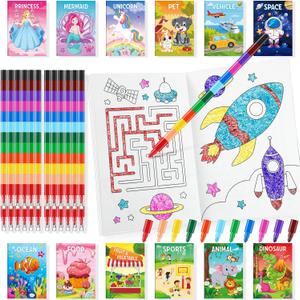 BenLouis Coloring Books for Kids With Stacking Crayons Set Mini Coloring Books Bulk for Ages 4-8-12 Small Activity Books for Birthday Party Gifts Goodie Bags Stuffers Travel12+12Pcs Classic