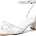 FUTJRNEY Women's Bow Strappy Heels Block Chunky Square Open Toe Low Heels Dress Sandals for Wedding Party(7,White)