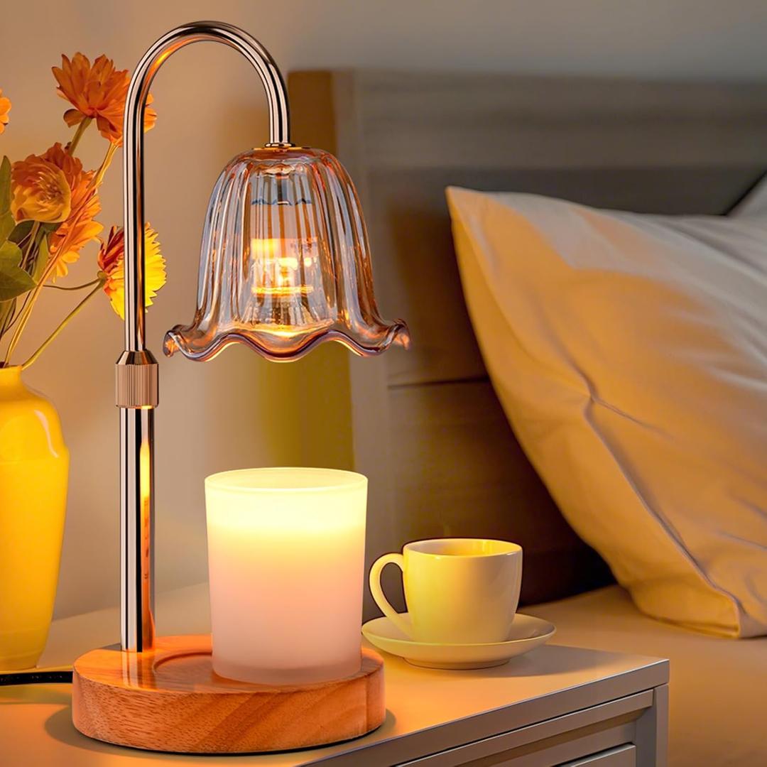 Candle Warmer Lamp Electric: Timer Dimmer Candles Warming Jar Light - Height Adjustable Dimmable Warmers Lamps - Flower No Flame Lamps with Heat Warm Melt Wax - Home Bedroom Decor Table Light (Ambergold)