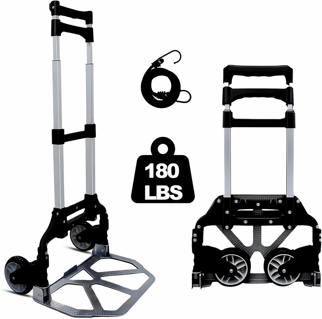 Portable Folding Dolly Cart with Wheels, Lightweight Aluminum Hand Truck with Adjustable Handle, Compact Push Pull Carrier for Boxes, Groceries, Travel, Home & Office Use 330lb