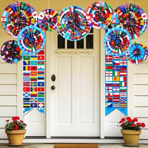 Outus 11 Pcs International World Flags Party Decorations Around the World Hanging Paper Fan International Porch Banner Multicultural Country Flags Decor for Indoor Outdoor Sports Events Party Supplies