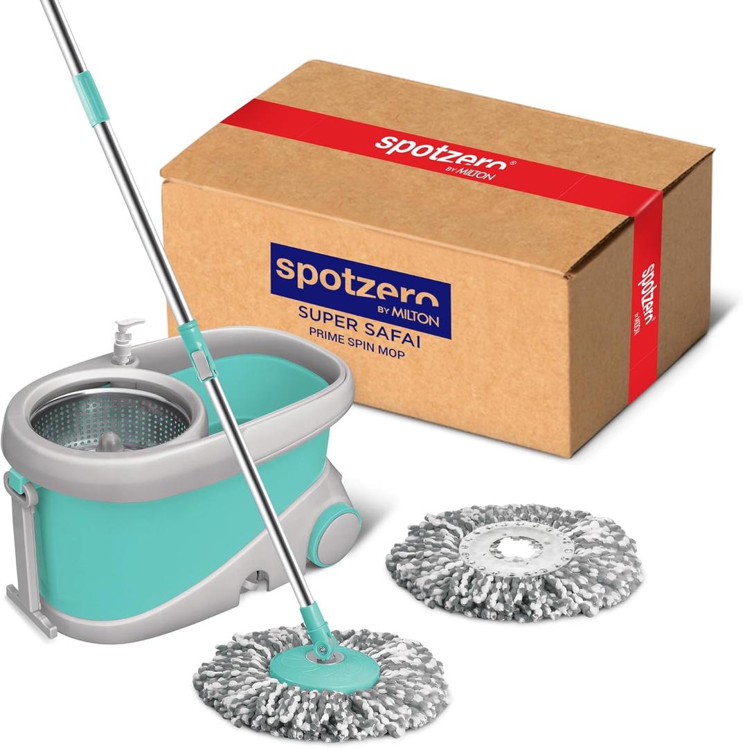 Spotzero by Milton Mop and Bucket with Wringer Set for Home, 360 Spin Mop and Bucket System with Microfiber Technology, Height Adjustable Handle, Kitchen Mop Floor Cleaning Prime Spin Mop (Stainless Steel Wringer, Aqua Green)