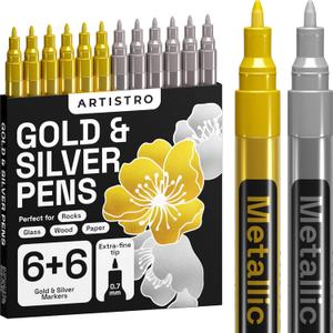 ARTISTRO 12 Oil Gold & Silver Paint Pens - 0.7mm Extra-Fine Markers - Great for Greeting Cards, Ornament Decor, & More