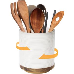 DOWAN 360 Rotating Extra Large Cooking Utensil Holder, 7.6" Kitchen Utensil Holder for Countertop, Utensil Crock for Farmhouse Kitchen Decor, Ceramic Stable Utensil Caddy, Soft White