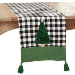SARO LIFESTYLE Merry Martinique Collection Christmas Tree Design Buffalo Plaid Table Runner, 16" x 72", Green