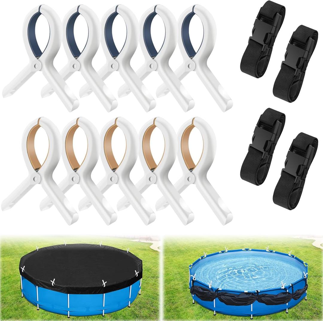 14Pcs Pool Cover Clips Kit for Above Ground Pools, Include Pool Cover Side Organizer Straps, Reinforced 5.1 Inch Large Pool Clamps, Swimming Pools Winter Windproof Clips