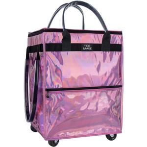 TCOMAKE Reusable Grocery Bag on Wheels, Shopping Bags with Wheels and Handle, Folding Rolling Tote Trolley, Zipper Cover, Carries Up to 46 LBS, Waterproof (Medium, Phantom Pink)