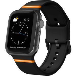 Sport Band Compatible with Apple Watch Bands 49mm 46mm 45mm 44mm 42mm 41mm 40mm 38mm, Soft Silicone Replacement Strap with Classic Clasp for iWatch Series 42mm (Series 3)/44mm/45mm/46mm/49mm SE Ultra Women Men (Black with Orange)
