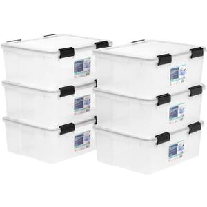 IRIS USA WeatherPro 31 Qt Storage Bins with Lids, 6 Pack, BPA-Free Plastic Gasket Box with Tight Latch and Seal, Stackable Nestable Tote Tub - Clear/Black