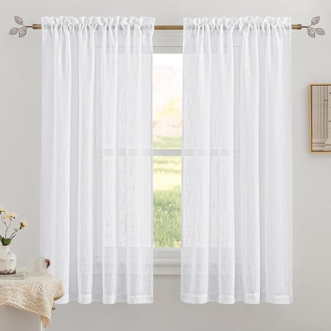 RYB HOME Semi Sheer Curtains - Privacy Linen Curtains Light Filtering Soft Drapes for Bedroom Living Room Bathroom Window Decor, White, 34 inch Wide x 63 inch Long, 1 Pair (34"W x 63"L (Pack of 2))