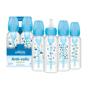 Dr. Brown's Natural Flow Anti-Colic Options+ Narrow Baby Bottle, Blue Nature, 8 oz/250 mL, with Level 1 Slow Flow Nipples, 0m+, Pack of 4