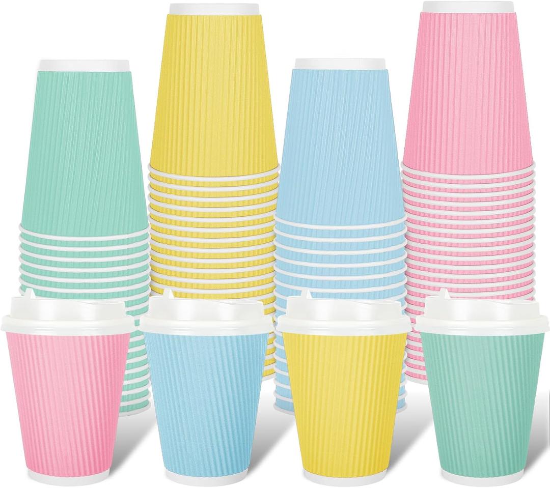 Whaline 100 Pcs Spring Pastel Color Disposable Coffee Cups with Lids Paper Cups 12 Oz Yellow Pink Blue Green Corrugated Ripple Wall Insulated Hot Cup for Spring Summer Home Office Party Supplies
