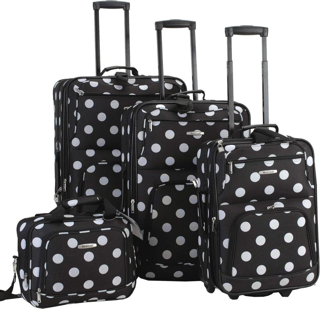 Rockland Polka Softside Upright Luggage Set, Expandable, Lightweight, Black Dot, 4-Piece (14/19/24/28)