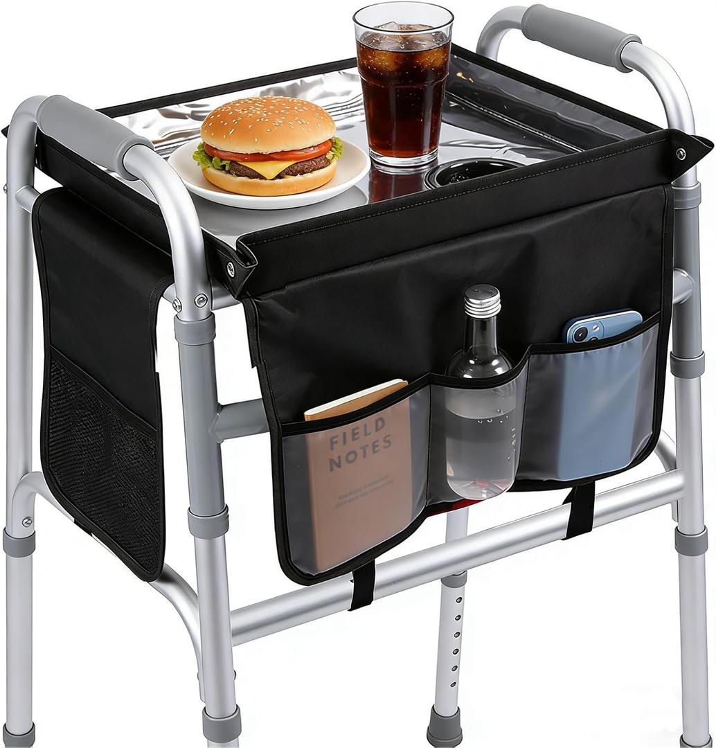 Walker Tray for Folding Walker, Detachable Tray for Walkers for Seniors with Cup Holder & Non-Slip Surface, Essential Walker Accessories for Seniors