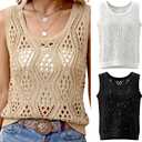 2 x Patelai 3 Pcs Women Crochet Vest Tank Top Beige White Black Hollow Summer Sleeveless Sweater Knit Boho Trendy Resort Beach (M)