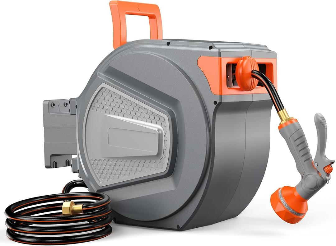 NEWBULIG Garden Hose Reel, 1/2" x 150 ft Retractable Heavy Duty Water Hose Reel with 9 Pattern Nozzle, Slow Retract System, 180° Swivel Wall Mount for Outside Yard Cleaning