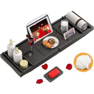 Domax Bathtub Caddy Tray Expandable Bamboo Tub Tray for Luxury Bath with Book Holder and Free Soap Dish Black