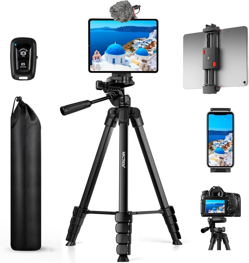 MACTREM iPhone iPad Tripod Stand, 67" Phone Tripod for iPhone iPad Tablet Camera with 2 in1 Holder Remote Carry Bag, Aluminum Extendable iPhone Stand for Video Recording/Selfies/Live Stream/Vlogging (Black)