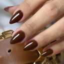Morily Press on Nails Almond, Dark Brown Short Fake Nails with Designs Reusable Acrylic False Nails Glossy Full Cover Stick on Nails for Women