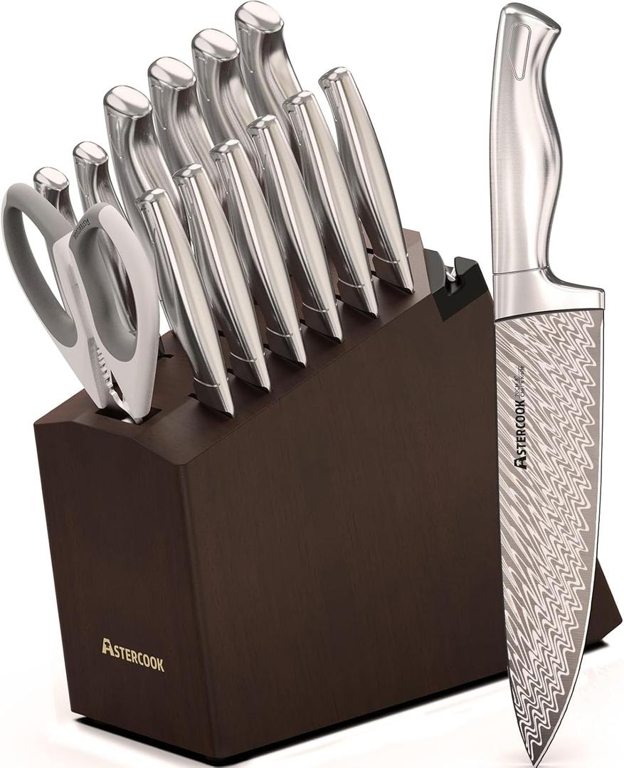 Astercook Knife Set, 15-Piece Kitchen Knife Set with Block and Built-in Sharpener, Ultra-Sharp German Stainless Steel Knife Block Set, Ergonomic Handle, Dishwasher Safe