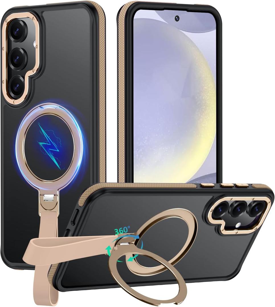 Mondelete 360Spin Magnetic Stand with Silicone Strap for Samsung Galaxy S24 Plus Case[Fit for MagSafe], Mil-Grade Shockproof Translucent S24+Plus Phone Case with Kickstand&Ring Holder (Desert Gold)