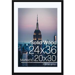 Frame Amo 24x36 Black Solid Wood Picture Frame with 19.5x29.5 White Mat Opening for 20x30 Image, 1 Inch Border, Acrylic Face