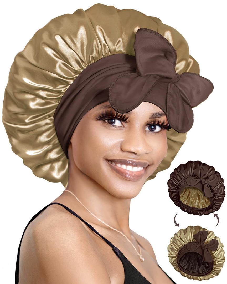 BONNET QUEEN Silk Bonnet for Sleeping Satin Bonnet with Tie Hair Wrap Double Layer Sleep Cap for Women Curly Hair, Brown Yellow (Medium)