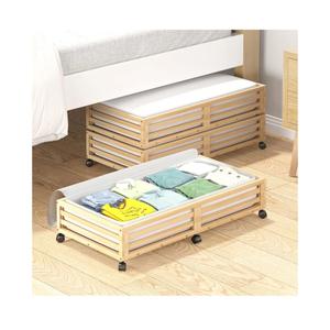 Bamboo Under Bed Storage Containers- Underbed Organizer with Wheels with Large Capacity Dust Bag,Sturdy Wood Rolling Under Bed Shoe Storage Organizer 2 Packs (Nature, 2 Packs (33.07"×16.54"))
