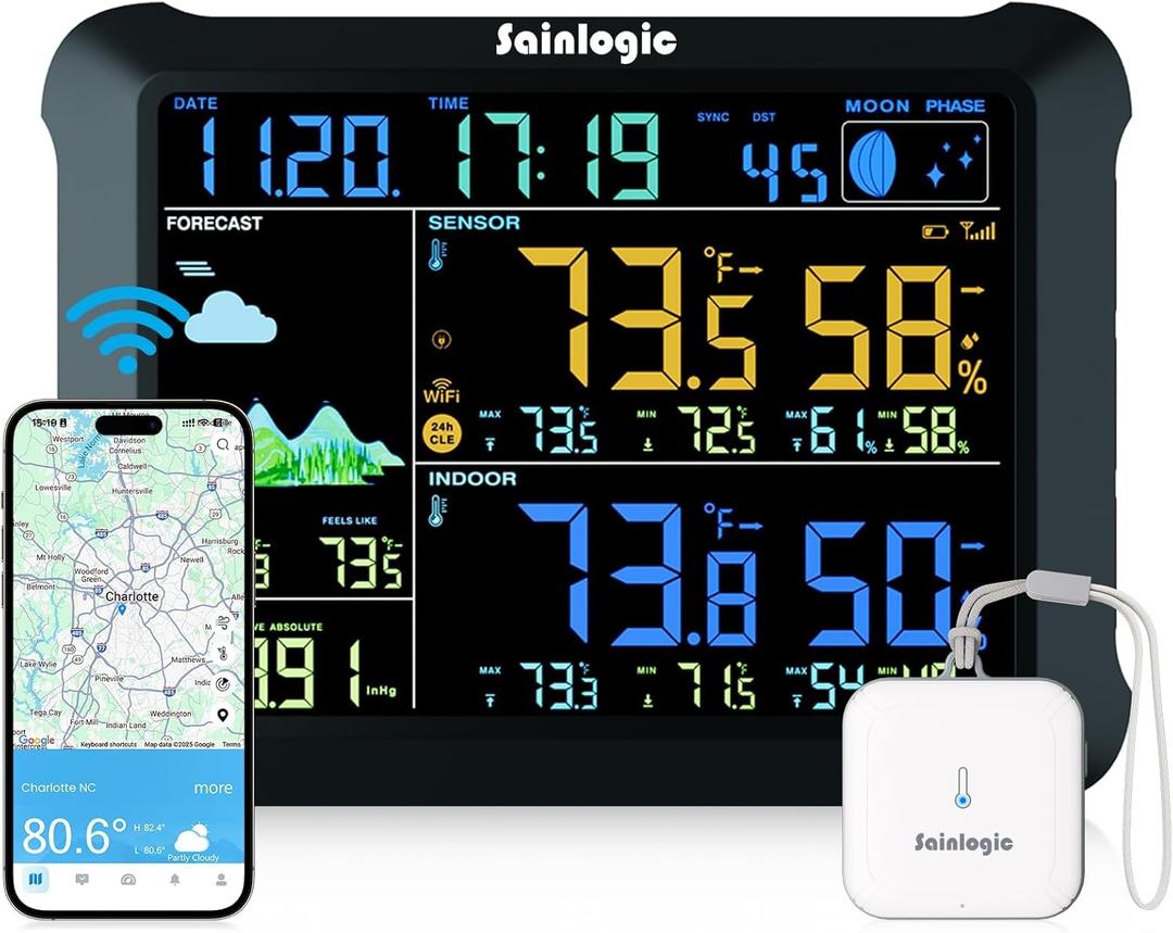 Sainlogic WiFi Smart Weather Station SA1 with 24H/ 7Days Accurate Weather Forecast by Weatherseed AI, Email & App Notification Alert,Data Storage Export(Only 2.4G)