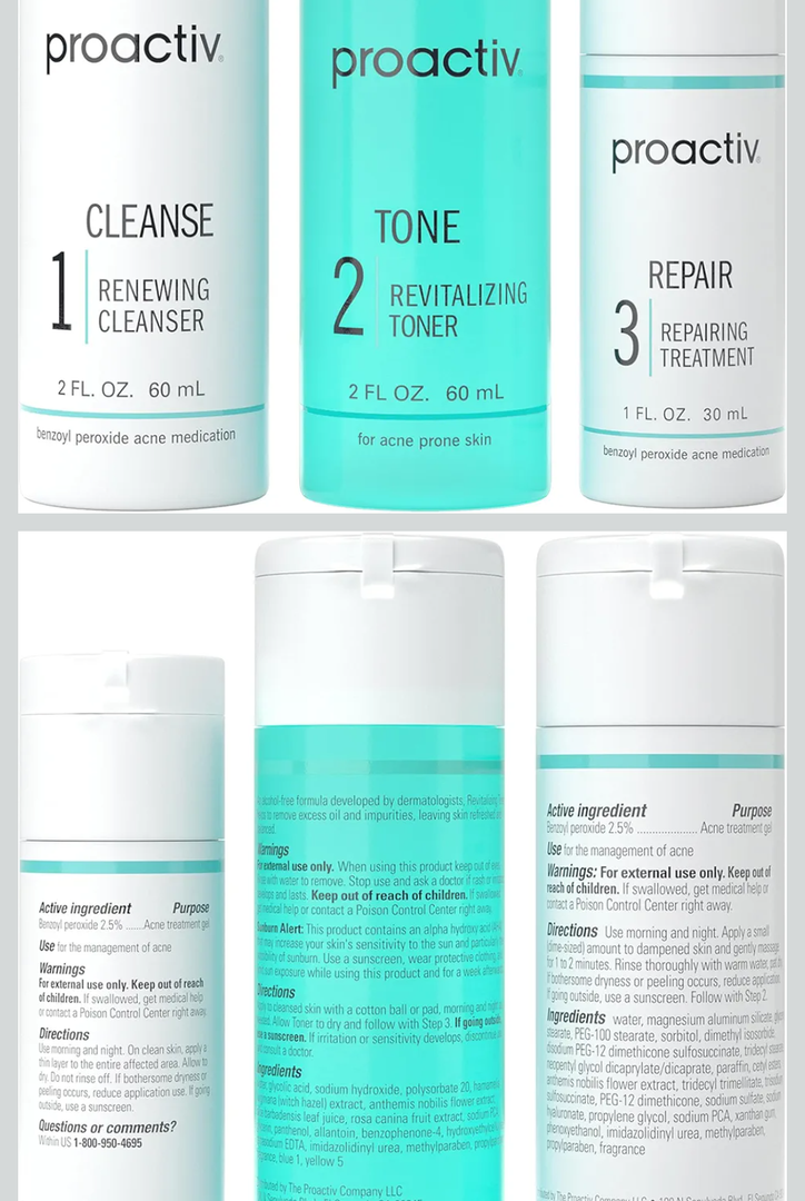 Proactiv 3 Step Acne Treatment - Benzoyl Peroxide Face Wash, Repairing Acne Spot Treatment for Face and Body, Exfoliating Toner - 30 Day Complete Acne Skin Care Kit