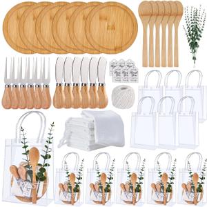55Pcs Baby Shower Prizes for Game Winners 6 Sets Cheese Board Spoon Fork Butter Spreaders Plaid Towel Thank You Card and Gift Bags for Baby Shower Wedding Bridal Shower Favors (Round Shaped) (Round Shaped Bamboo Material-White)