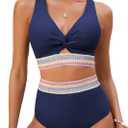 GRAPENT Bikini Sets for Women High Waisted Two Piece Swimsuit Padded Knot Twist Cut Out Color Block Bathing Suit Bikinis (Large, Navy Blue)