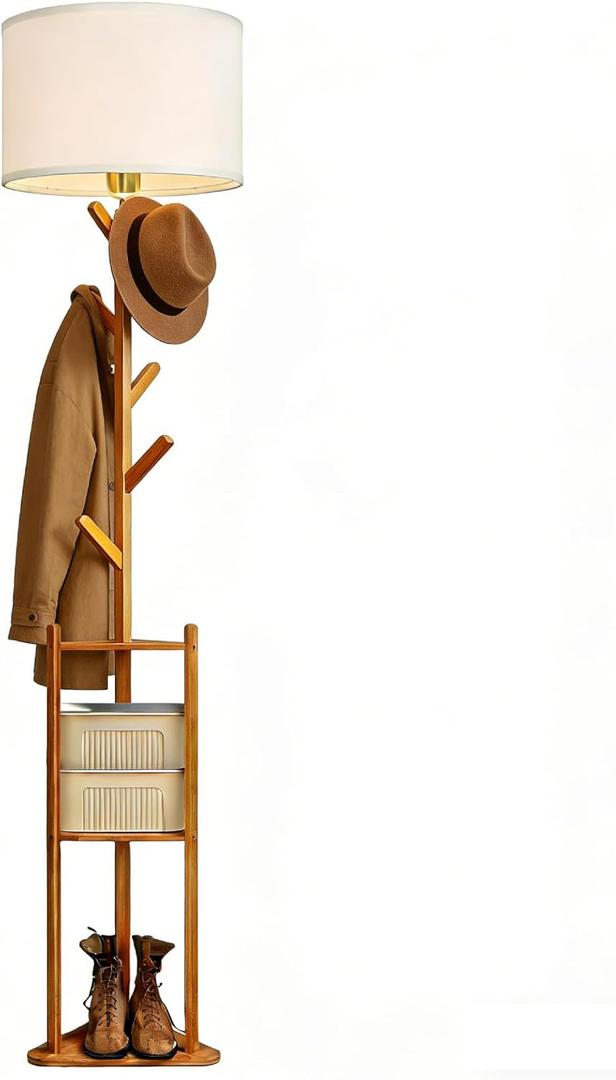 Coat Rack Standing Lamp Floor Lamp with Shelves, Modern Tall Lamp with 5 Hooks Clothes Rack, 3 Color Dimmable Floor Lamps for Bedroom, Living Room, Entryway, Corner