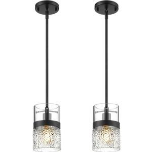 LMS 2-Pack Pendant Lights, 5 Inch Dia Industrial Linear Light Fixtures for Kitchen Island with Adjustable Rods, Medium Hanging Lamp with Hammered Glass, LMS-171PL-BKM-2PK