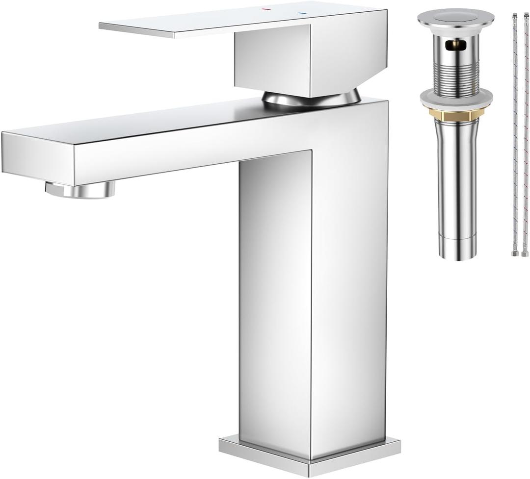 Faustina Polished Chrome Bathroom Faucet, Single Handle Stainless Steel Bathroom Vanity Faucet with Metal Pop-Up Drain and Deck Plate for 1 or 3 Hole