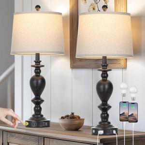 28" Black Farmhouse Table Lamps Set of 2 with USB C+A Ports & AC Outlet for Vintage Living Room Rustic Bedroom,3-Way Dimmable Touch Lamp Retro Resin Bedside Lamps for Nightstand Side Table