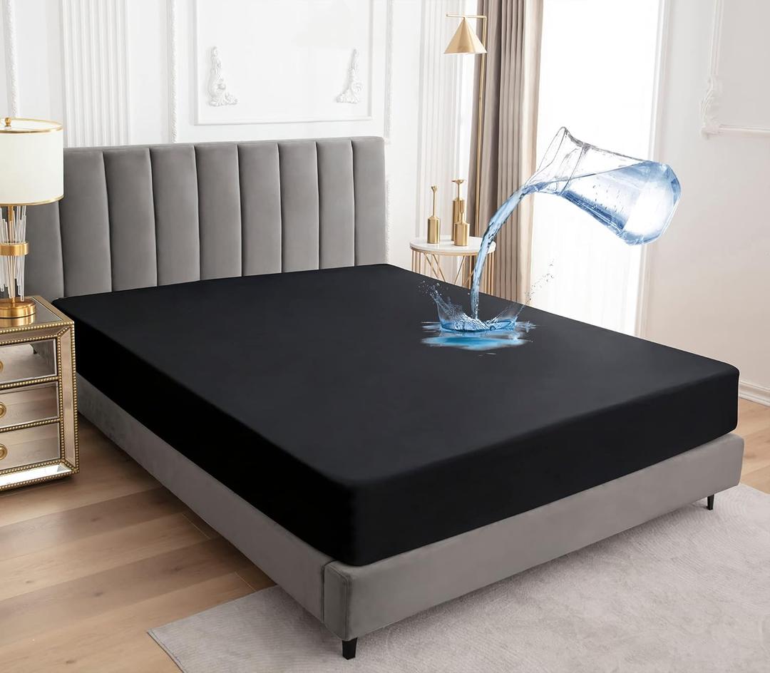 Mattress Protector,Waterproof 18" Deep Pocket Mattress Cover Fitted Sheet Style with Elastic Rubber Band,Washable and Easy Care-Black,Queen
