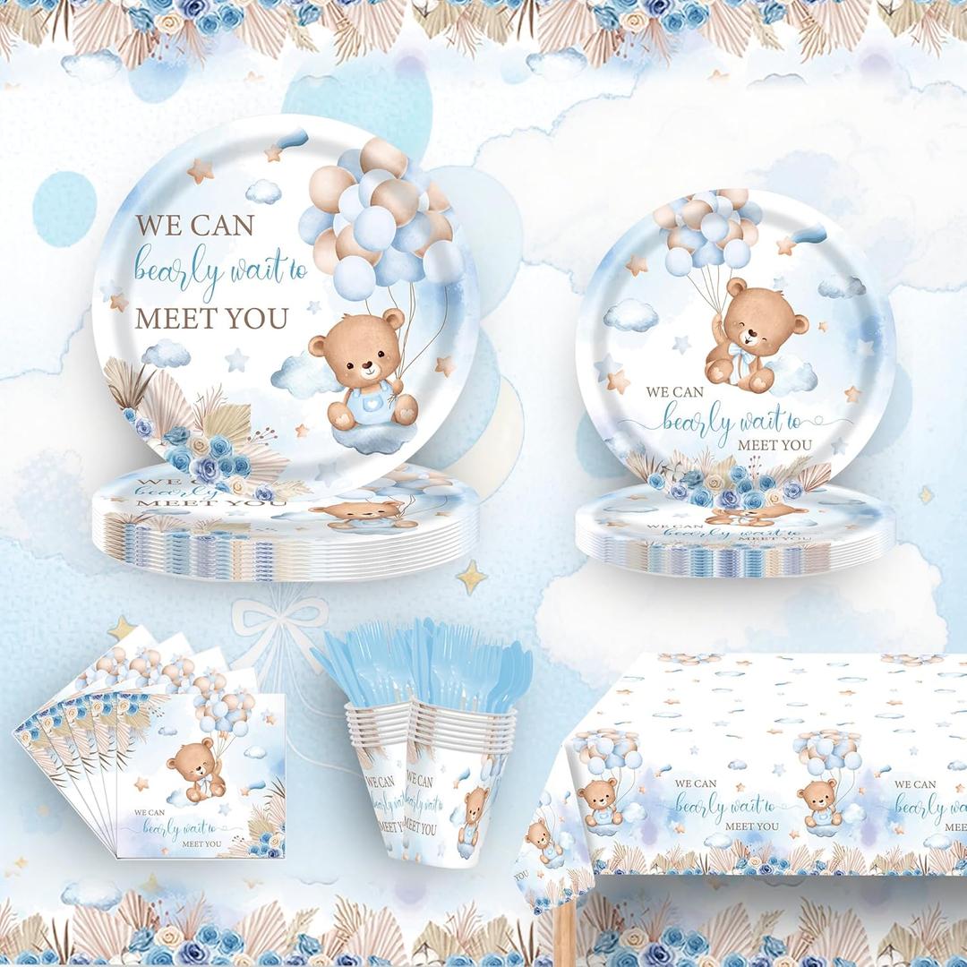 Baby Shower Party Supplies Set, We Can Bearly Wait Theme, 141 Pieces with Plates, Napkins, Cups and Tableware for 20 Guest Blue and Brown Bear Design Cuterly for Bear Babys Party