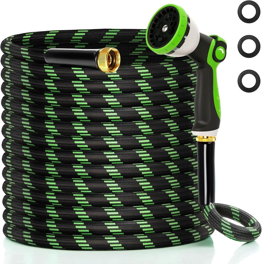 Garden Hose 50 ft Water Hose Flexible Non-Expandable Outdoor Heavy Duty Lightweight Leakproof Kink-free flex Watering Hose Pipe with Nozzl for 3/4 inch Fitting Yard Lawn Outside Car Wash
