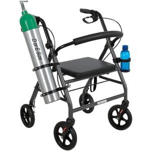Oxygen Tank Holder for Walker and Rollator Fits D and E Cylinders for 1 inch to 1 1/8 inch 25 to 28.6 mm Tubes ONLY Steel Bracket with Secure Straps and Cup Holder Check Fit Before Purchase