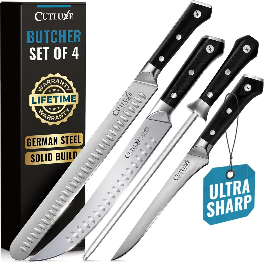 Cutluxe Butcher Knife Set  BBQ Brisket, Breaking and Boning Knives, Honing Rod  Carving Knife Set for Meat Cutting, Ultra Sharp German Steel, Full Tang, Ergonomic Handles  Artisan Series