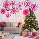 Outus 9 Pcs Pink Christmas Hanging Decorations Pink Candy Cane Paper Fans Peppermint Hanging Paper Fans Candy Cane Ceiling Wall Decor for Christmas Party Classroom Birthday Party