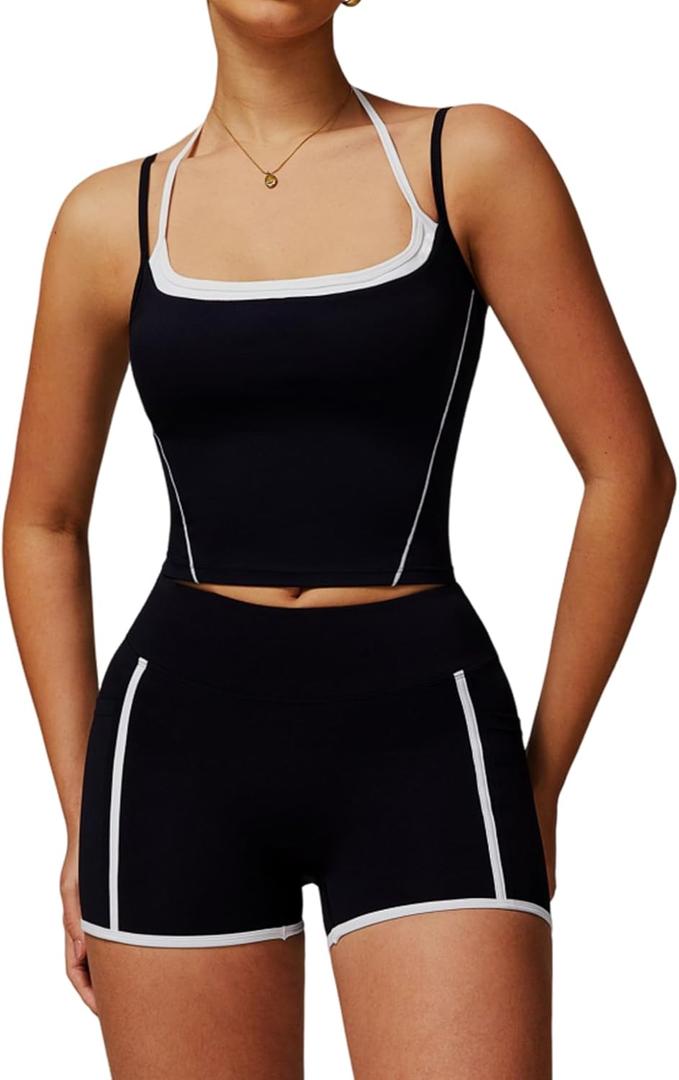 Two Piece Workout Sets For Women Tank Top and High Waist Booty Lifting Shorts Gym Yoga Active Outfits with Pockets (Medium, Black)