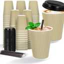 12oz 90Pack Compostable Paper Cups with Lids & Straws, 3-Layer Insulated Corrugated Cups for Hot & Cold Drinks, Home Office Travel, Kraft