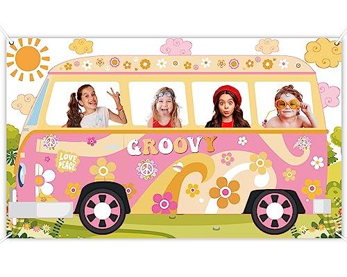 Hippie Bus Photo Prop Groovy Birthday Party Decorations Large Fabric Groovy Van Prop Hippie Selfie Frame Backdrop Background Banner Birthday Supplies Retro Daisy 60s 70s Party Favors 65.8 x 35.4 Inch
