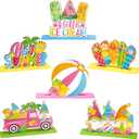 Bememo 6 Pcs Hello Summer Table Decorations Sign Summer Gnome Wooden Table Centerpieces Beach Hawaii Table Decor Ice Cream Colorful Table Topper Sign for Summer Pool Tropical Party Supplies