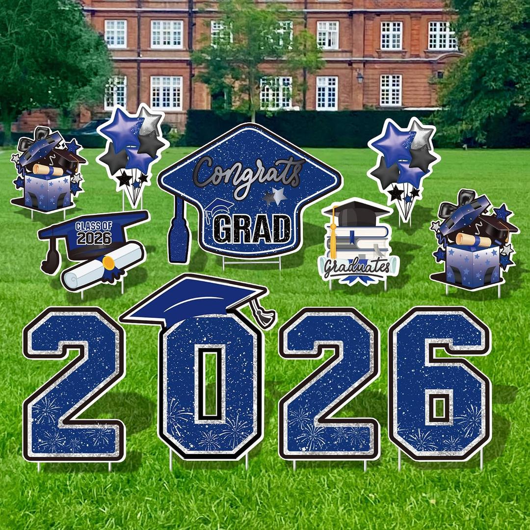 Large 11 PCS Graduation Yard Signs, Class of 2026 Congrats Grad Outdoor Lawn Yard Sign with Stakes, Graduate Yard Decorations for College High School Party, Black and Blue