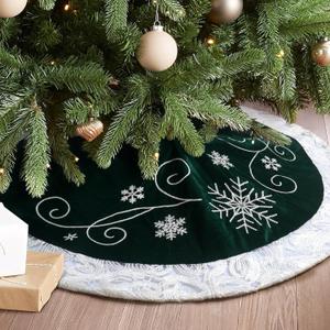 Christmas Tree Skirt, 32 Inch Green Velvet Tree Skirt with Embroidered Snowflakes Sequins White Trim Border, Holiday Party Tree Decoration