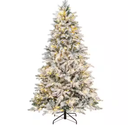7 FT Pre-lit Artificial Christmas Tree, Snow-Flocked Xmas Tree with 300 Warm White LED Lights, 1096 Mixed Branch Tips, Pine Needles, Hinged Holiday Decoration Tree for Home Office Party